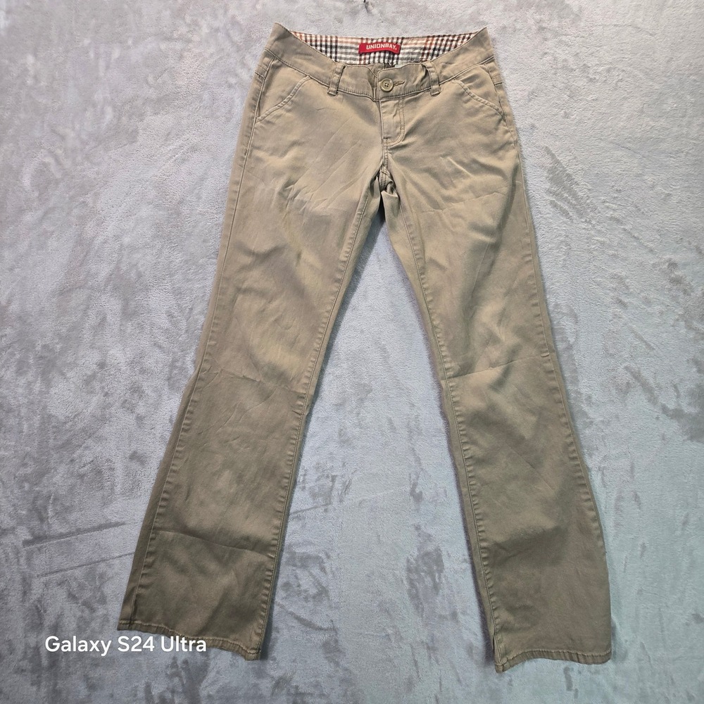 Unionbay Khaki Bootcut Pants Low Rise Tan Y2K Plaid Waistband Flap Pockets